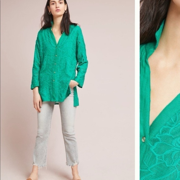 Anthropologie Kelly Green Floral Embroidered Tunic Top 3/4 Sleeves - Picture 1 of 15